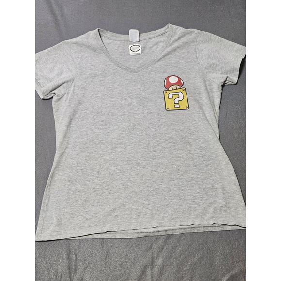 Nintendo Tops - Vtg Official Nintendo Shirt Womens Extra Large Gray Mushroom Mystery Box V Neck
